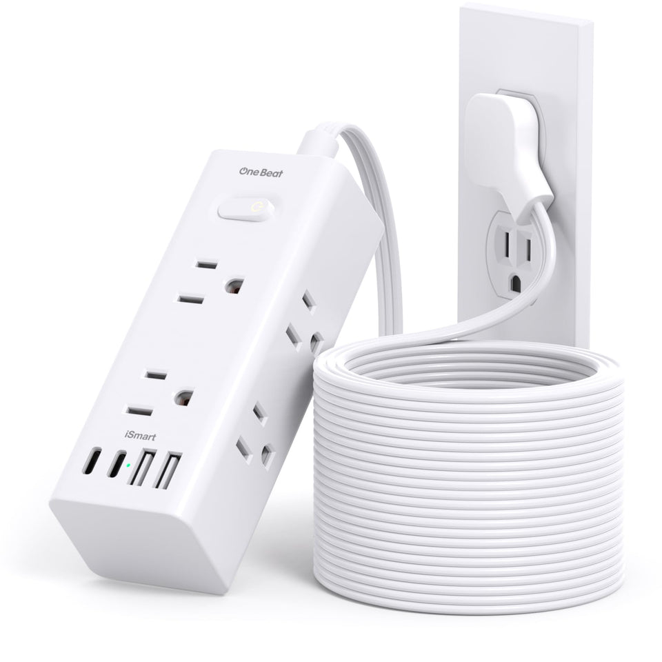 One Beat front view showing six outlets and four USB ports for organized power