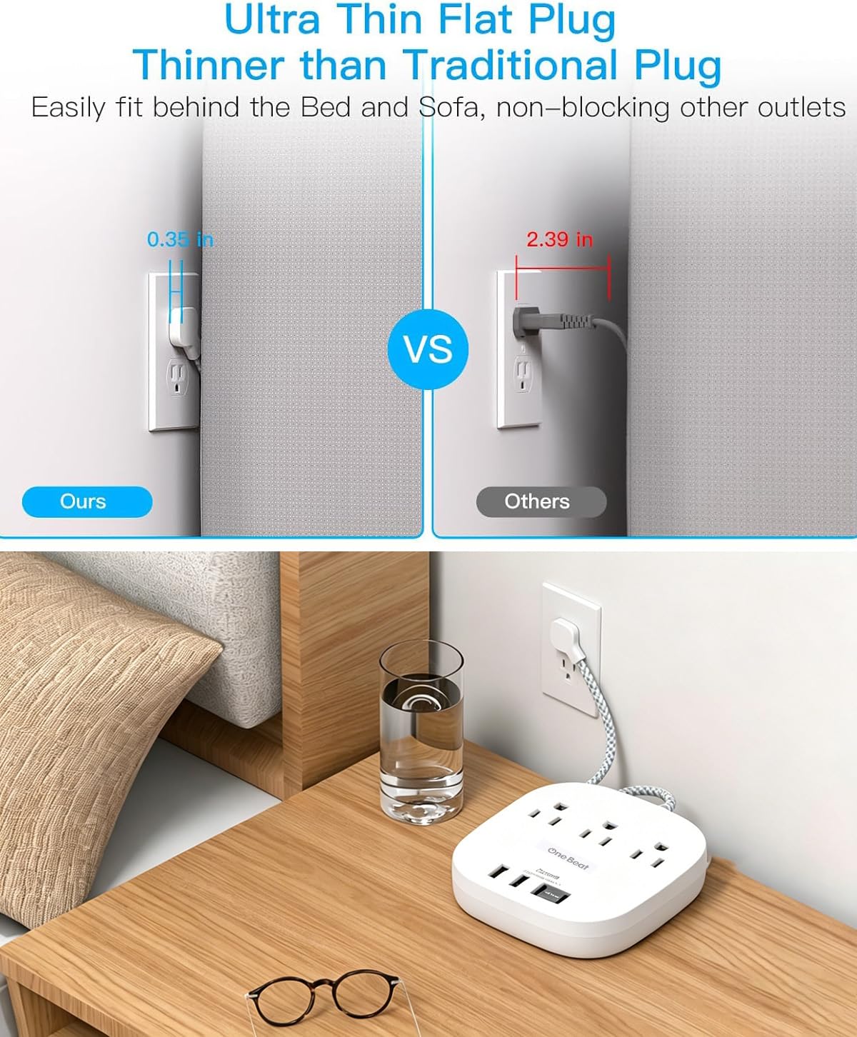 One Beat power strip in use on a desk powering laptop and phone for organization