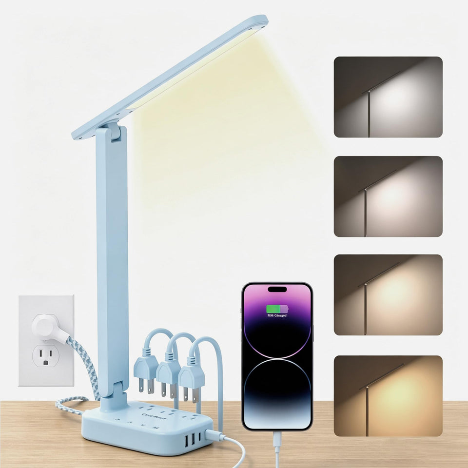 One Beat LED desk lamp power strip with 5ft cord, ideal for bedside and study spaces