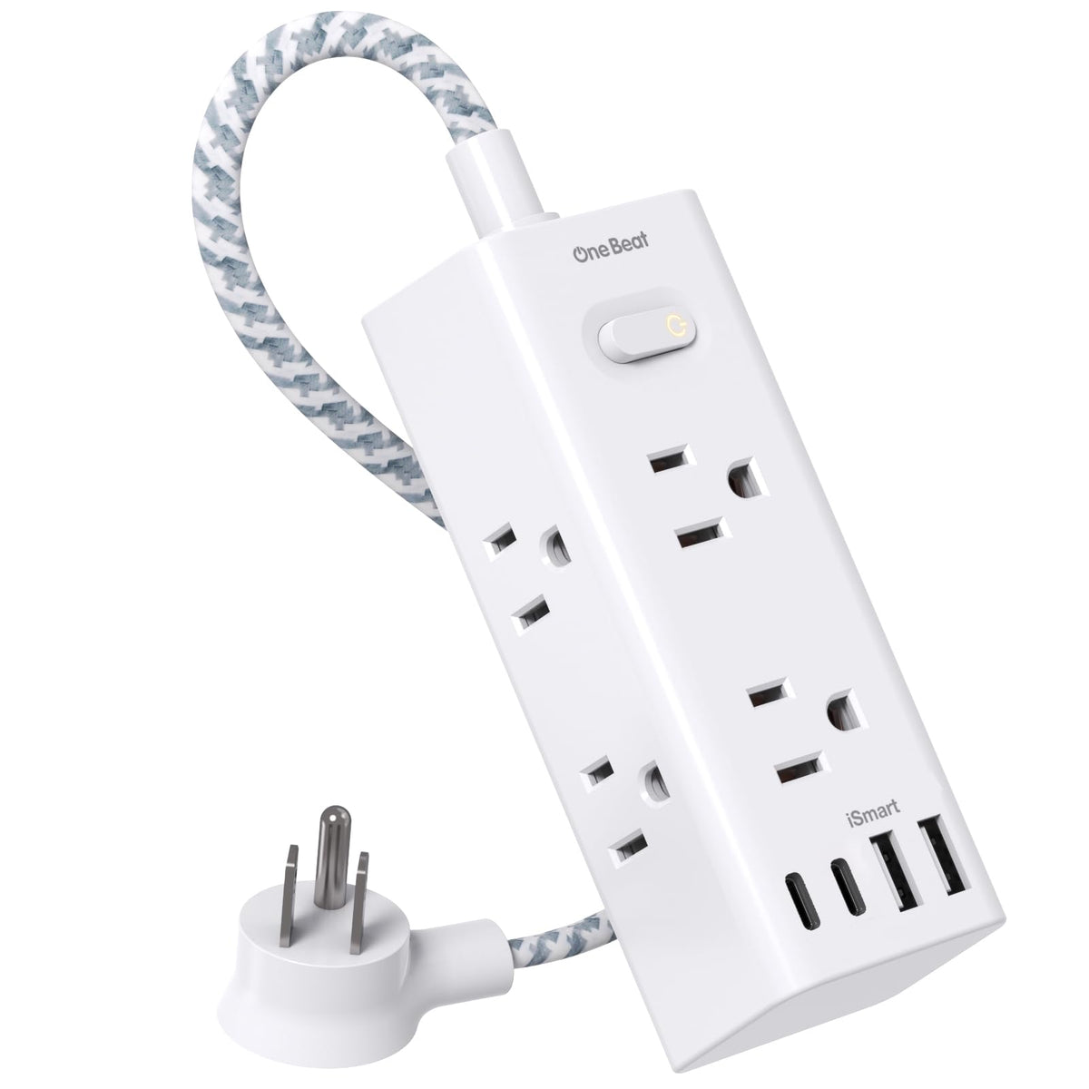 One Beat short extension cord with flat plug offers compact travel-ready power access for small desks.