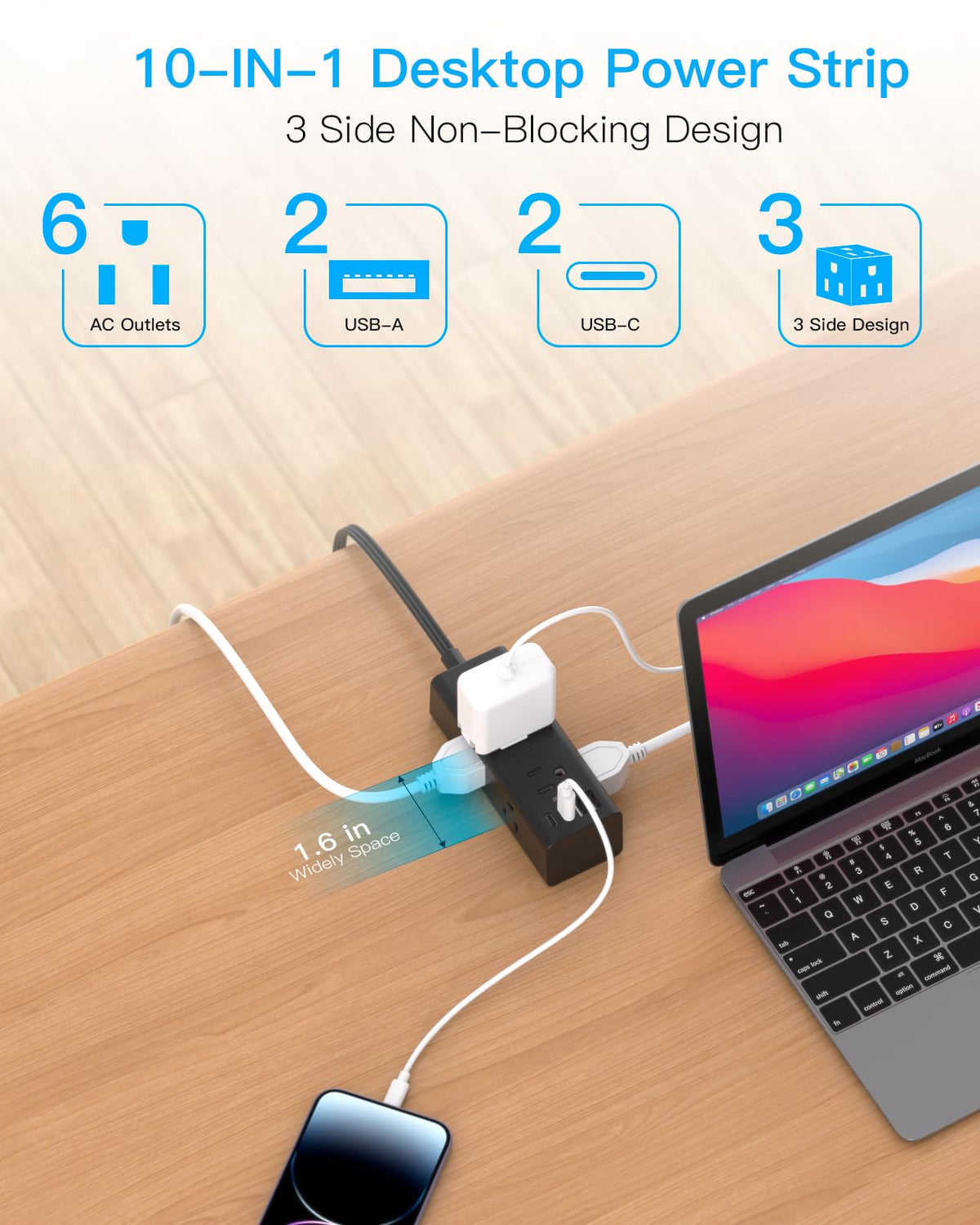 One Beat power strip with 6 outlets and USB ports for multiple devices