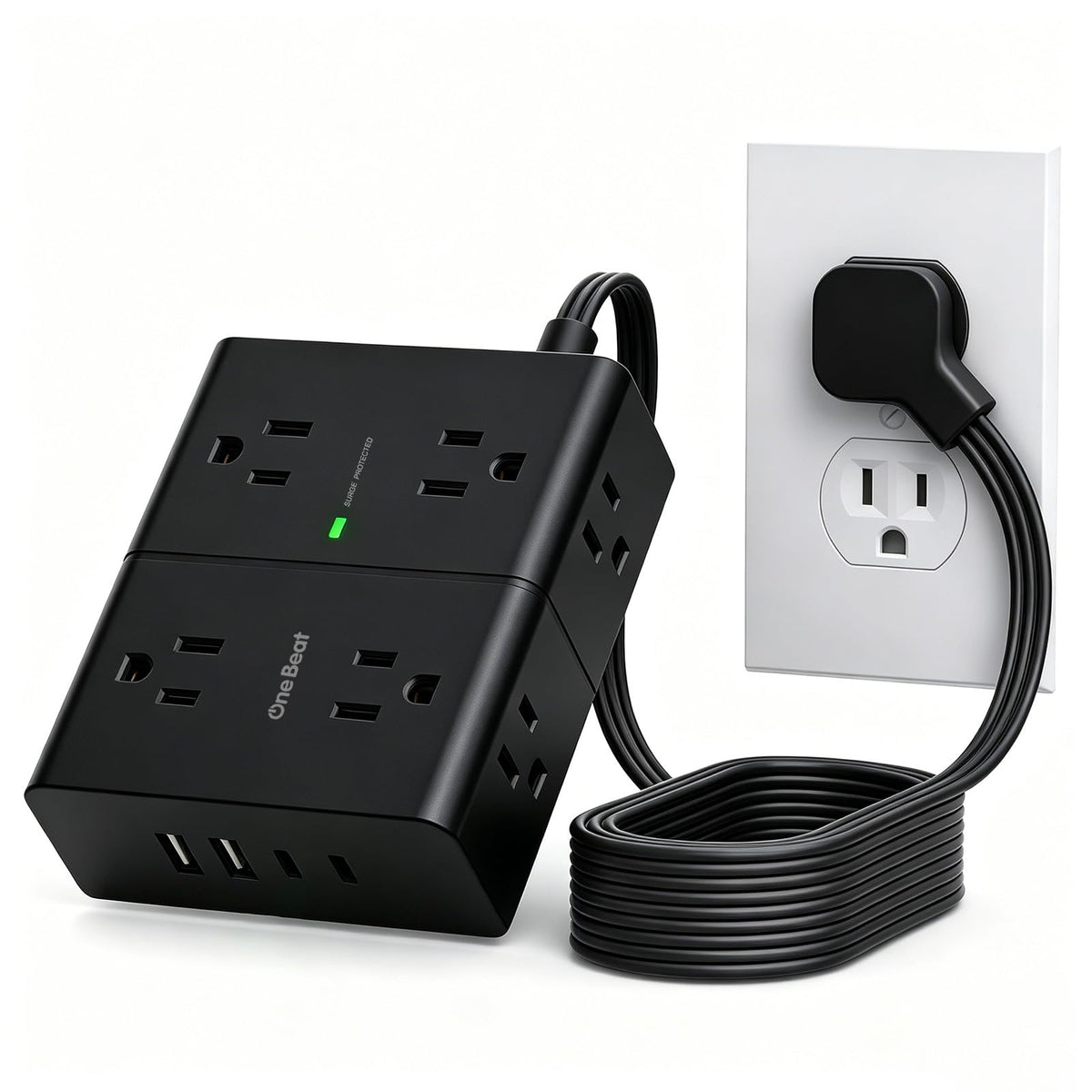 One Beat surge protector with 6 ft flat extension fits neatly behind furniture.