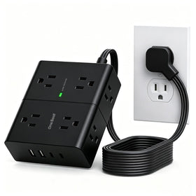One Beat surge protector with 6 ft flat extension fits neatly behind furniture.