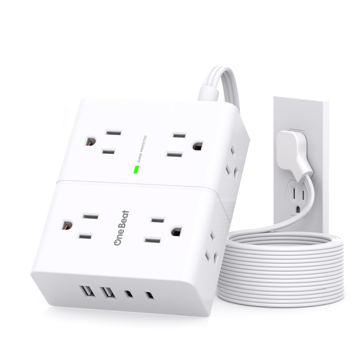 One Beat surge protector with eight outlets and six-foot flat cord for clutter-free power.