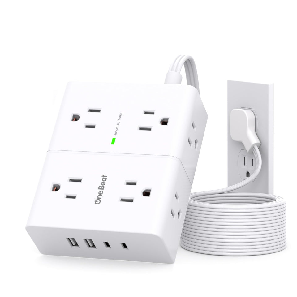 One Beat surge protector with eight outlets and six-foot flat cord for clutter-free power.