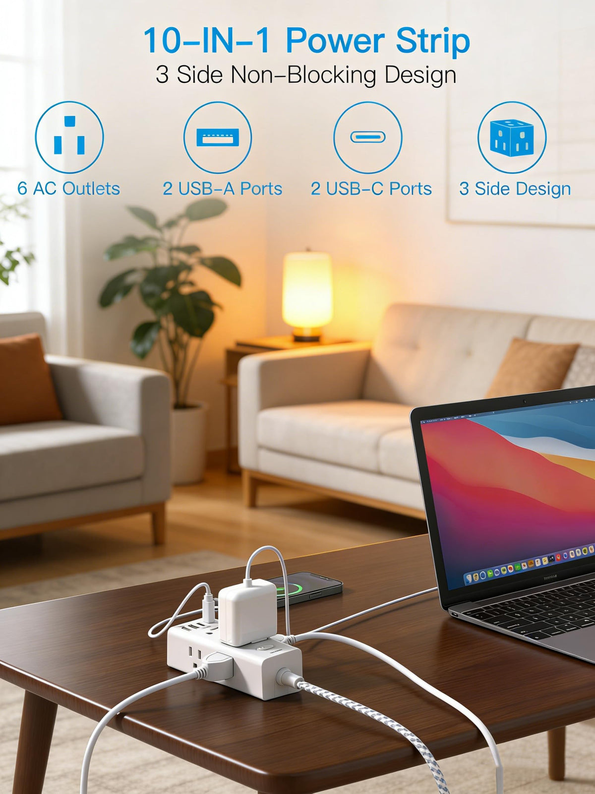 One Beat surge protector 900J guards devices from spikes.