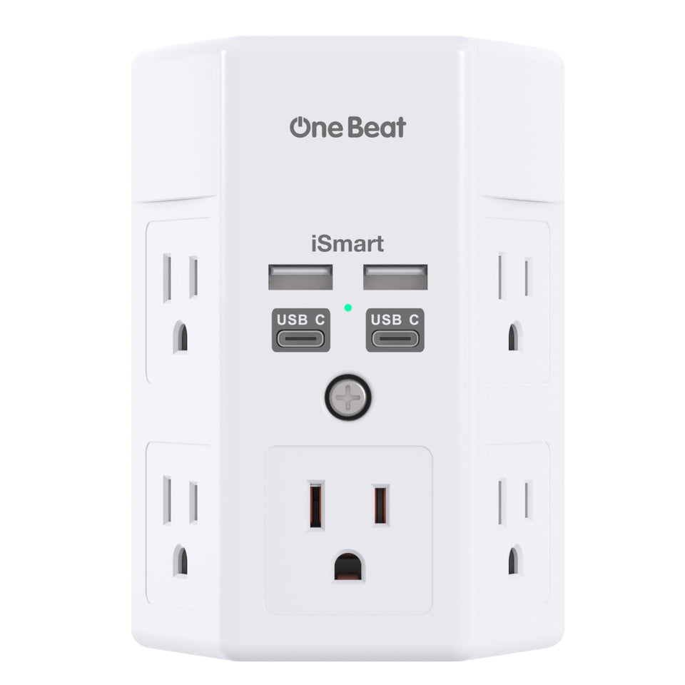One Beat surge protector wall outlet extender with 5 outlets and 4 USB ports for convenience