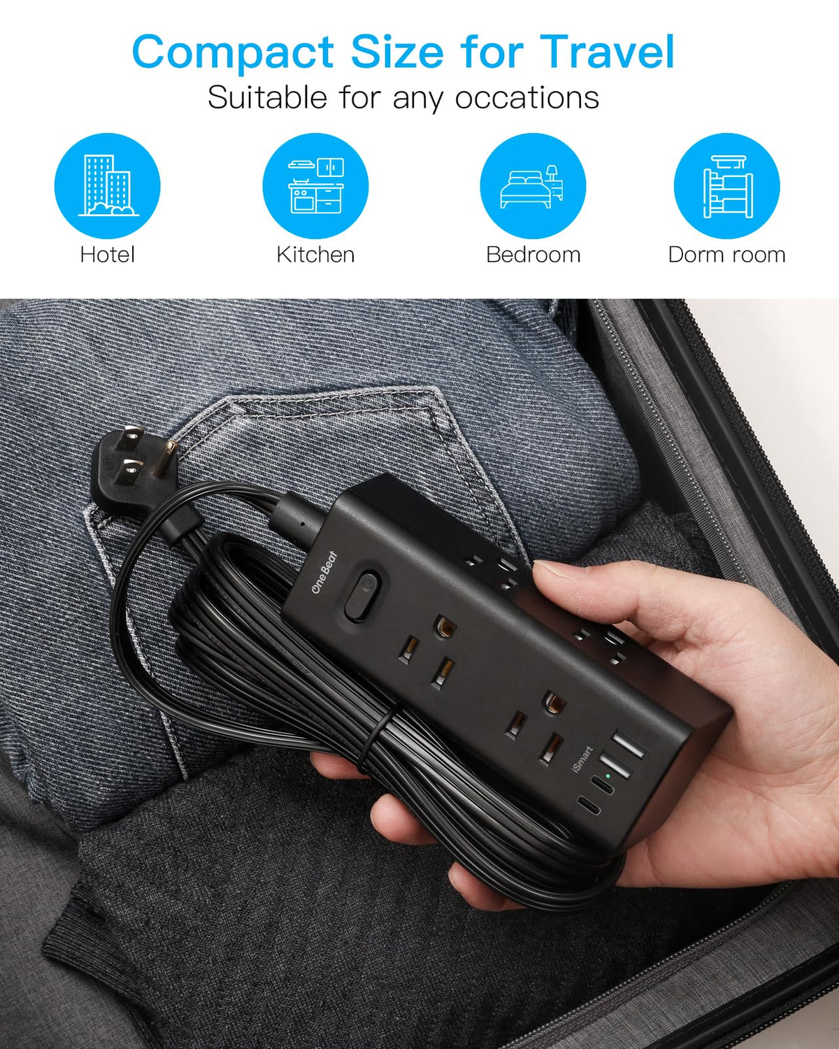 One Beat packed in a travel bag on a laptop desk, portable power strip
