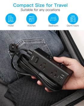 One Beat packed in a travel bag on a laptop desk, portable power strip