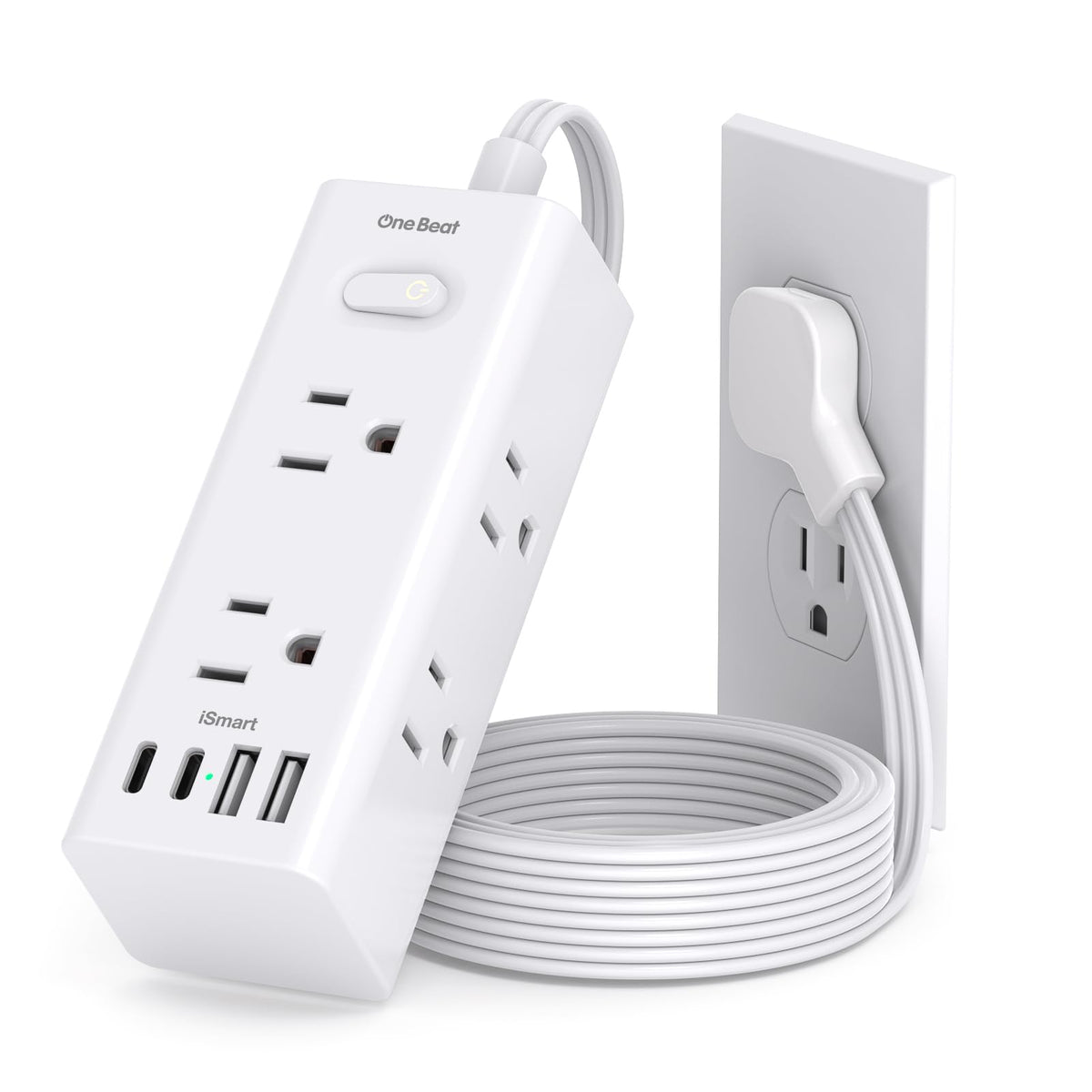 One Beat ultra-flat plug highlights space-saving design for tight wall outlets.