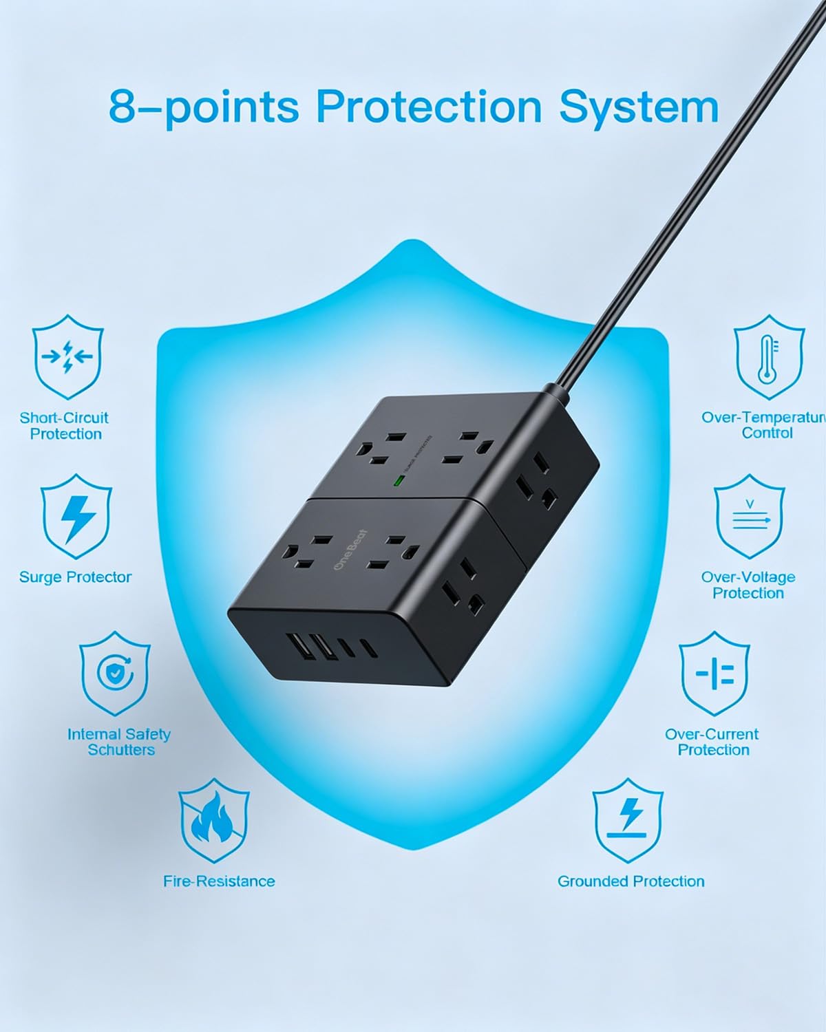 One Beat power strip back-mount design enables secure wall or desk installation.