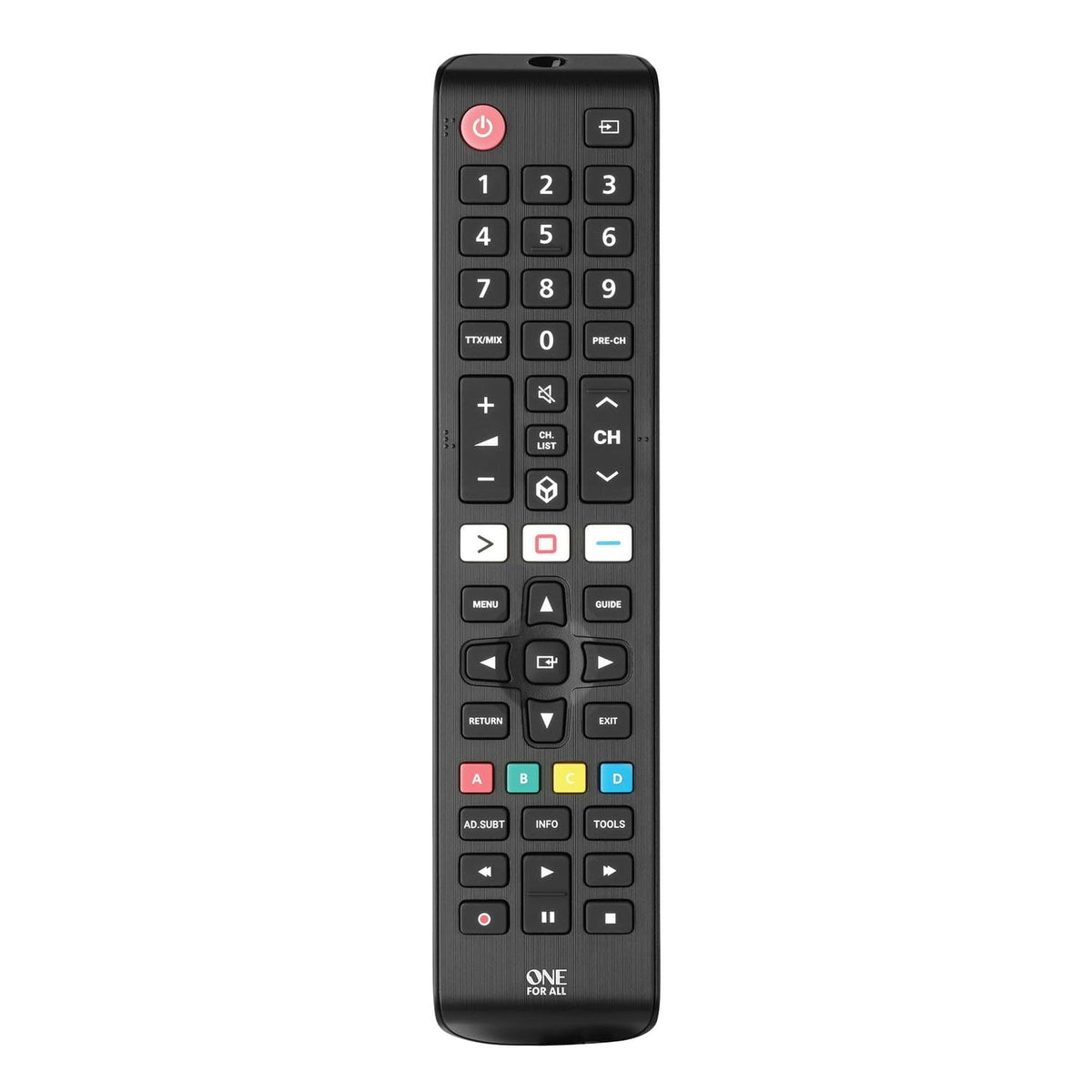 One For All remote close-up showing durable, easy-to-press buttons.