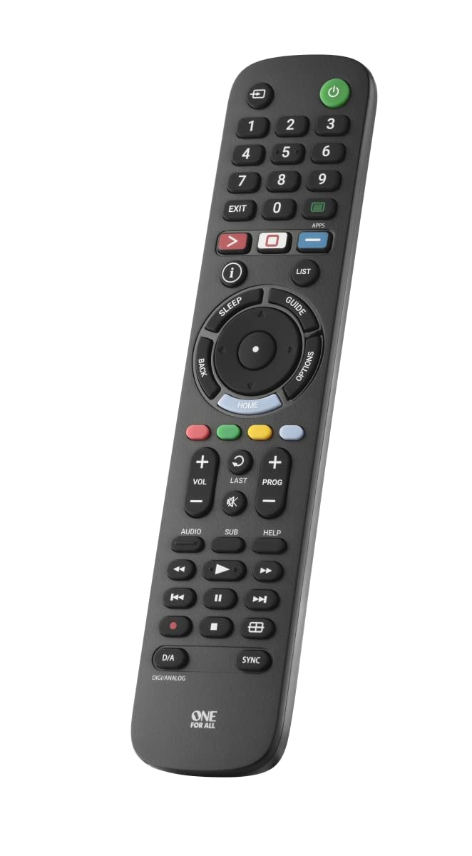 One For All Sony TV replacement remote back view reveals accessible battery compartment.