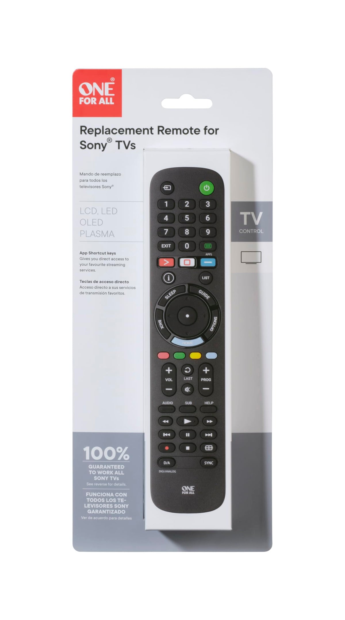 One For All Sony TV replacement remote requires two AA batteries.