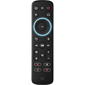 One For All Streamer Remote backlit keys illuminate menus for late-night streaming.