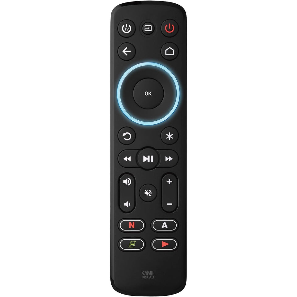One For All Streamer Remote backlit keys illuminate menus for late-night streaming.