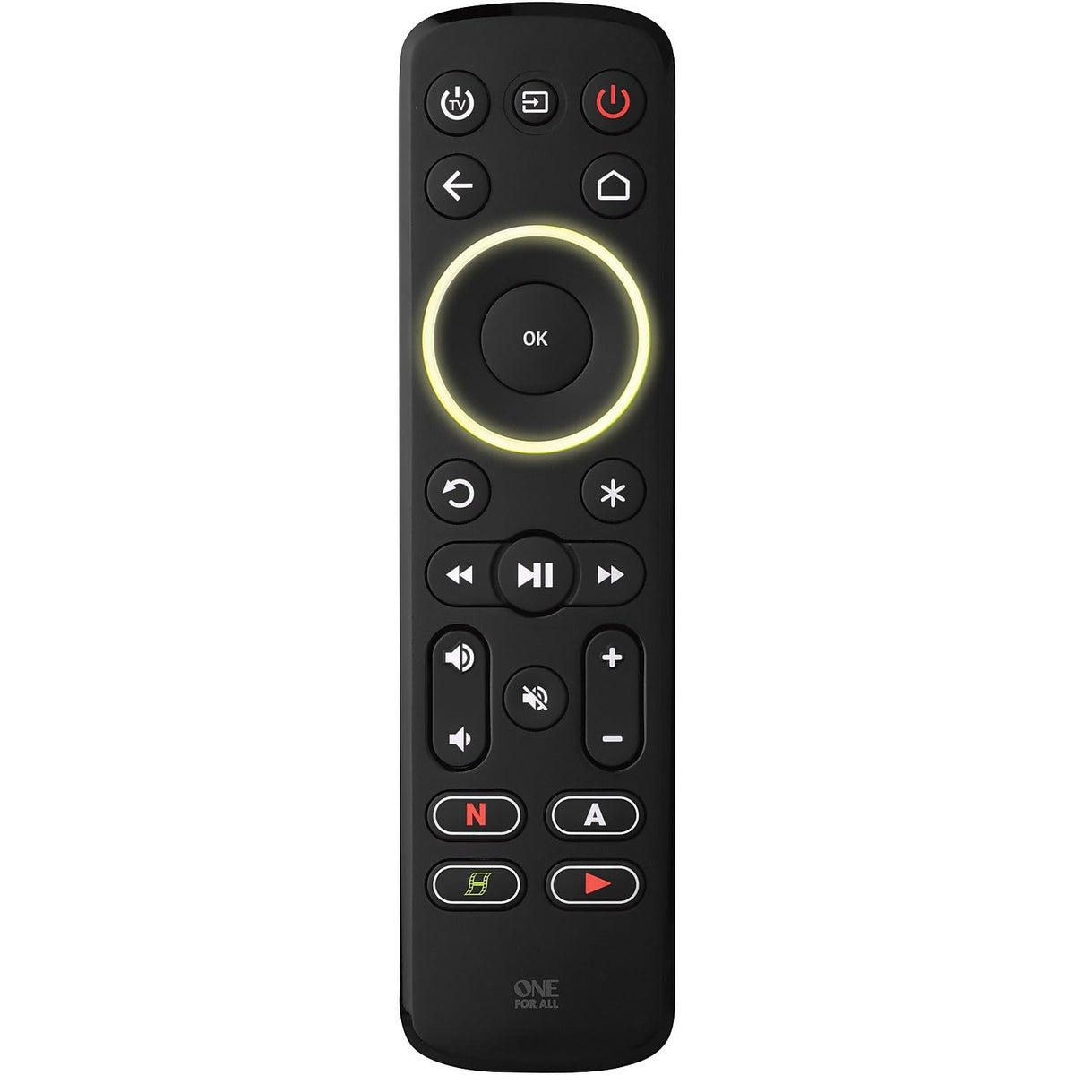 One For All Streamer Remote quick-access keys to Netflix, YouTube, Prime.