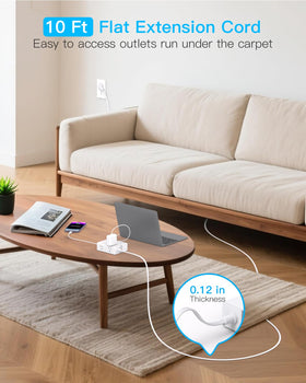 One Beat 10ft extension cord flat plug keeps your wall outlet uncluttered.