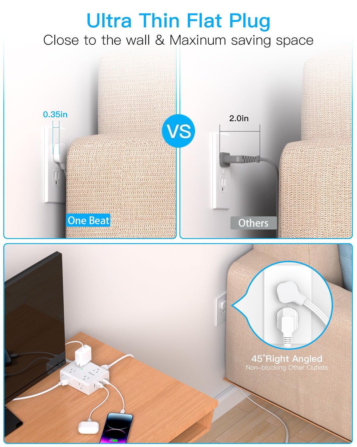 One Beat 10ft extension cord USB-C ports enable fast charging on busy desks.