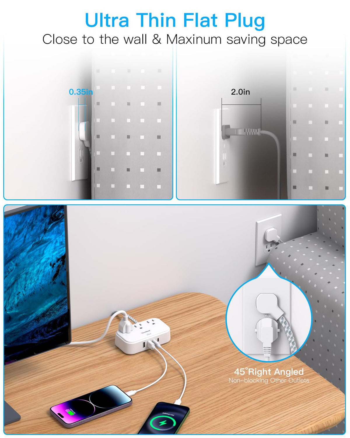 One Beat 3 outlets with 4 USB ports including two USB-C.