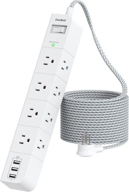 One Beat 8-outlet power strip with three-sided design for clutter-free desk setup.