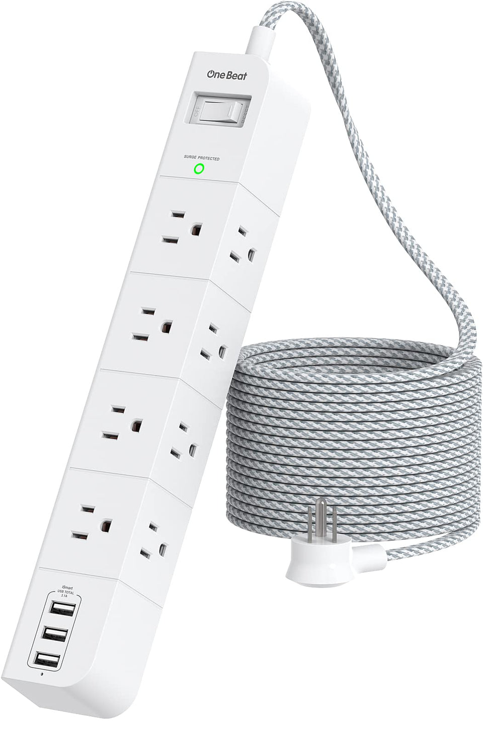 One Beat 8-outlet power strip with three-sided design for clutter-free desk setup.