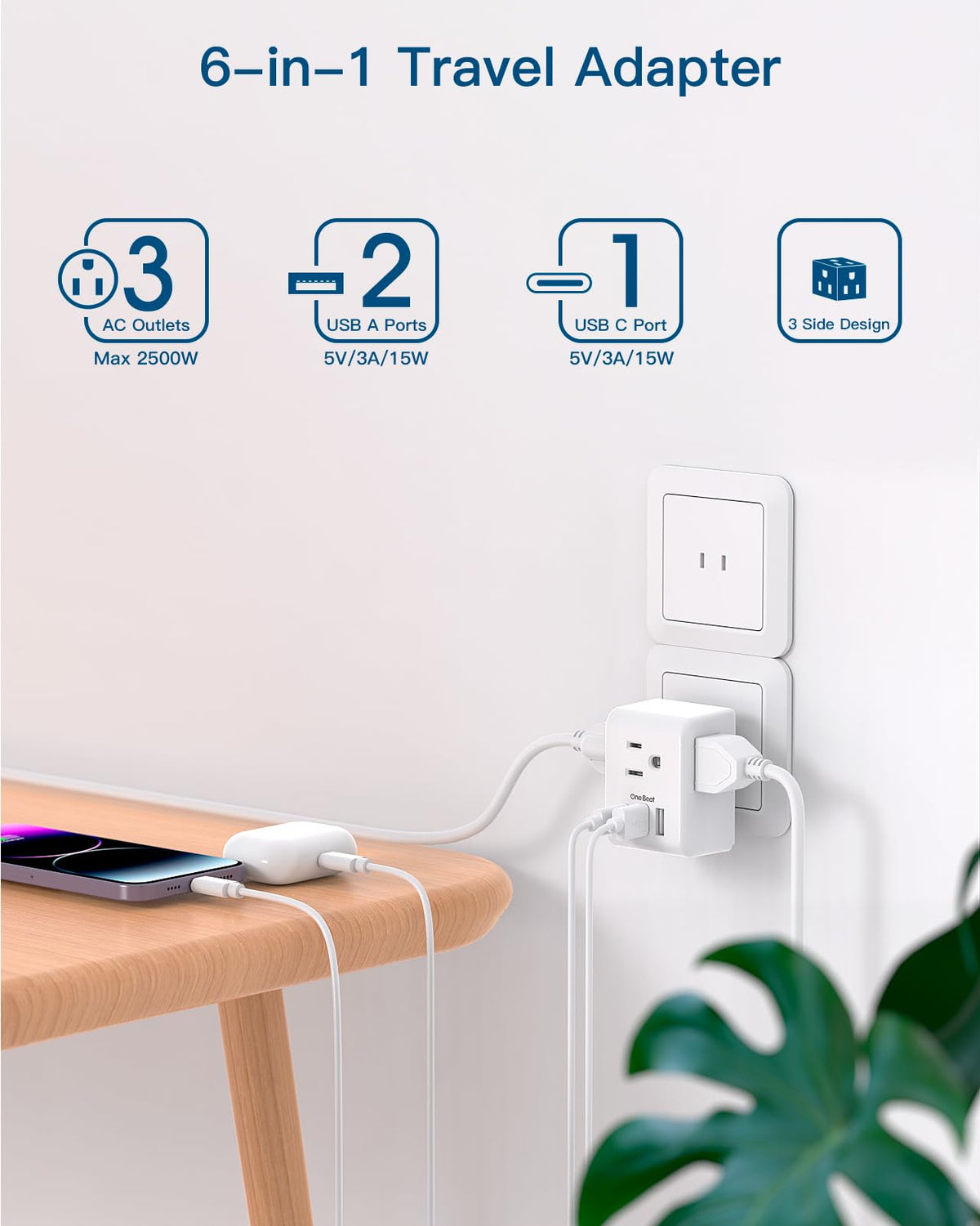 One Beat compact travel adapter illustrating its slim size for easy packing.