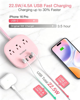 One Beat cruise power strip with 3 outlets and 4 USB ports keeps devices organized