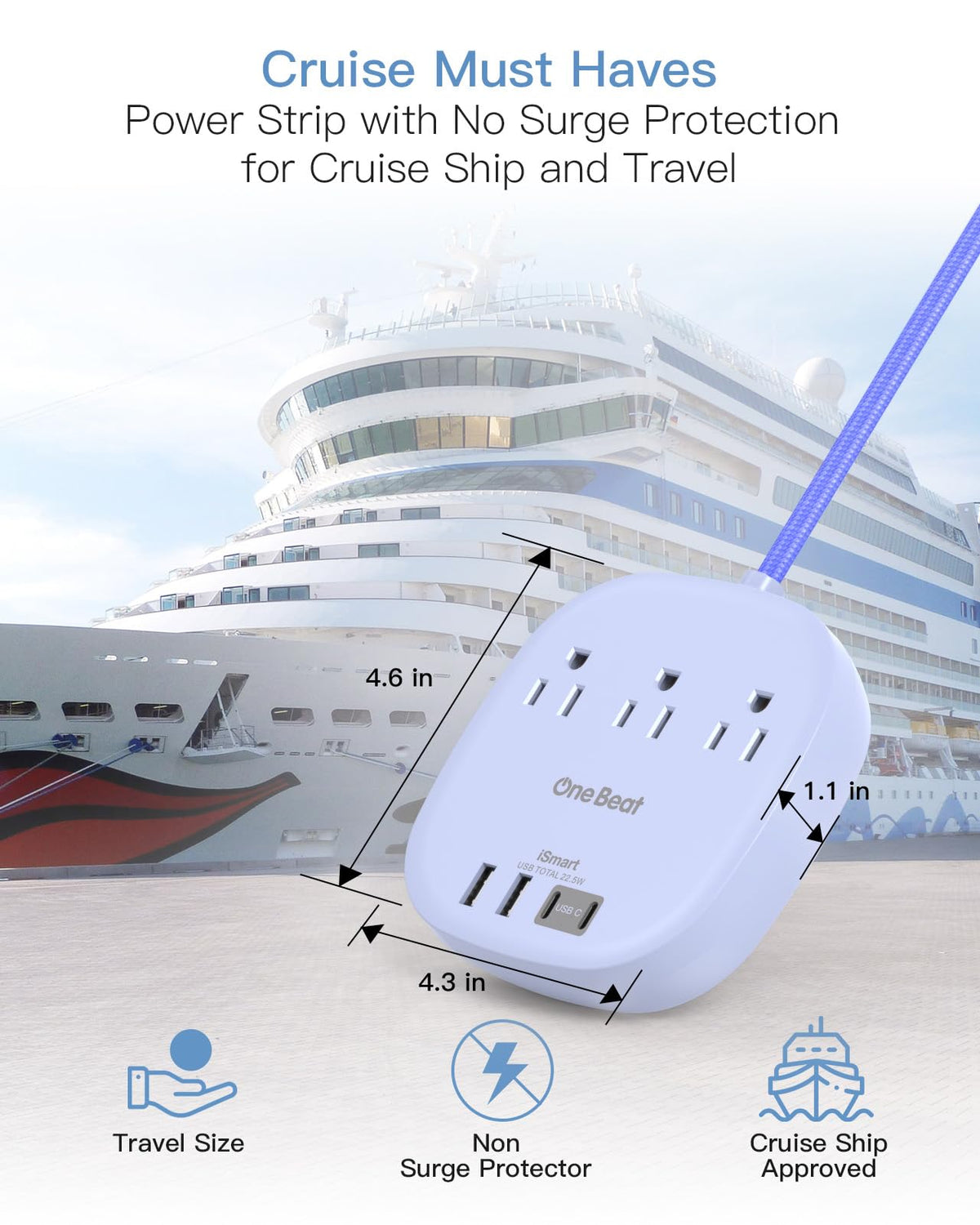 One Beat 6-foot extension cord provides reach for accessible outlets on boat cabin desks