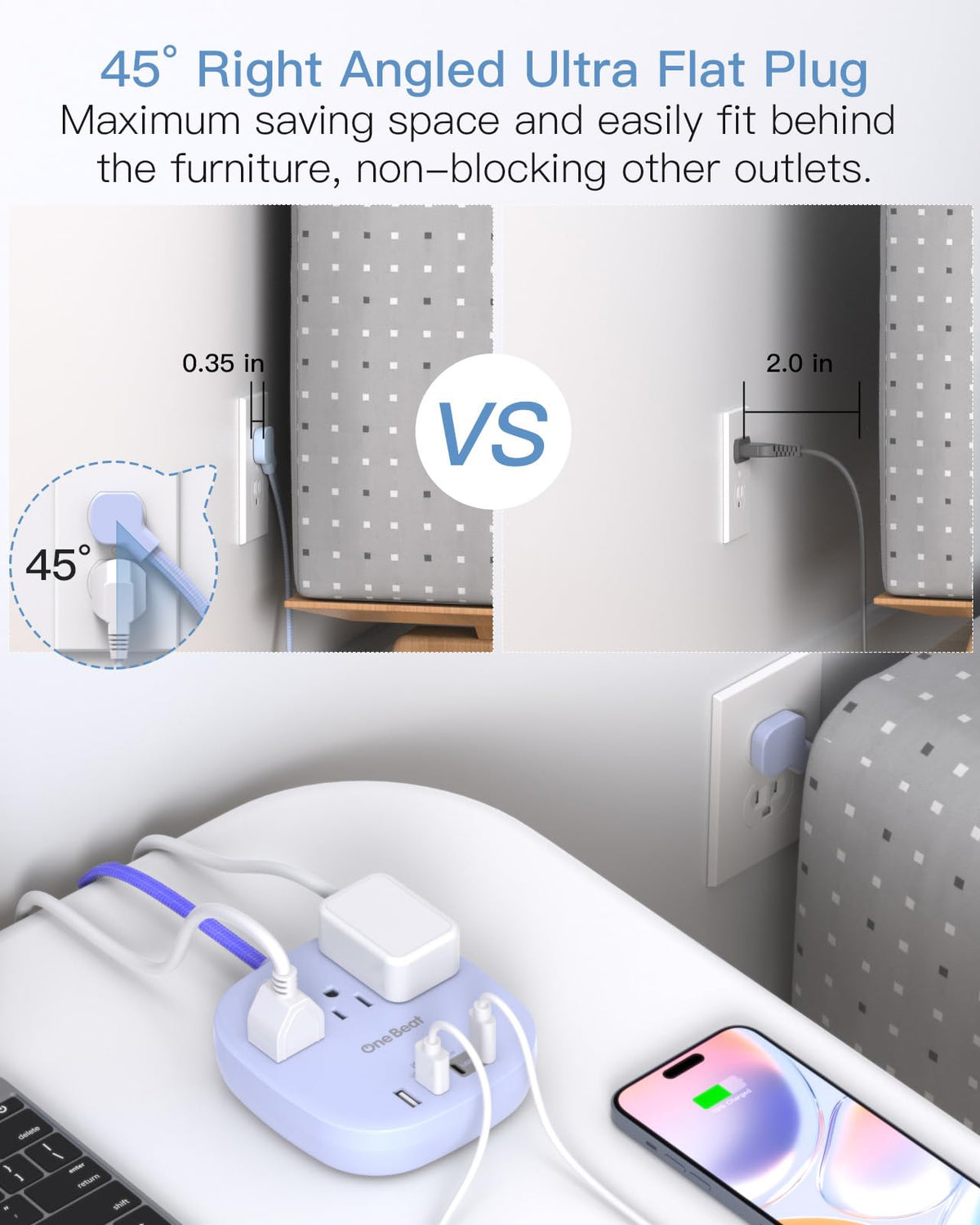 One Beat purple flat-plug power strip stretches behind furniture, saving space on crowded desks