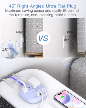 One Beat purple flat-plug power strip stretches behind furniture, saving space on crowded desks