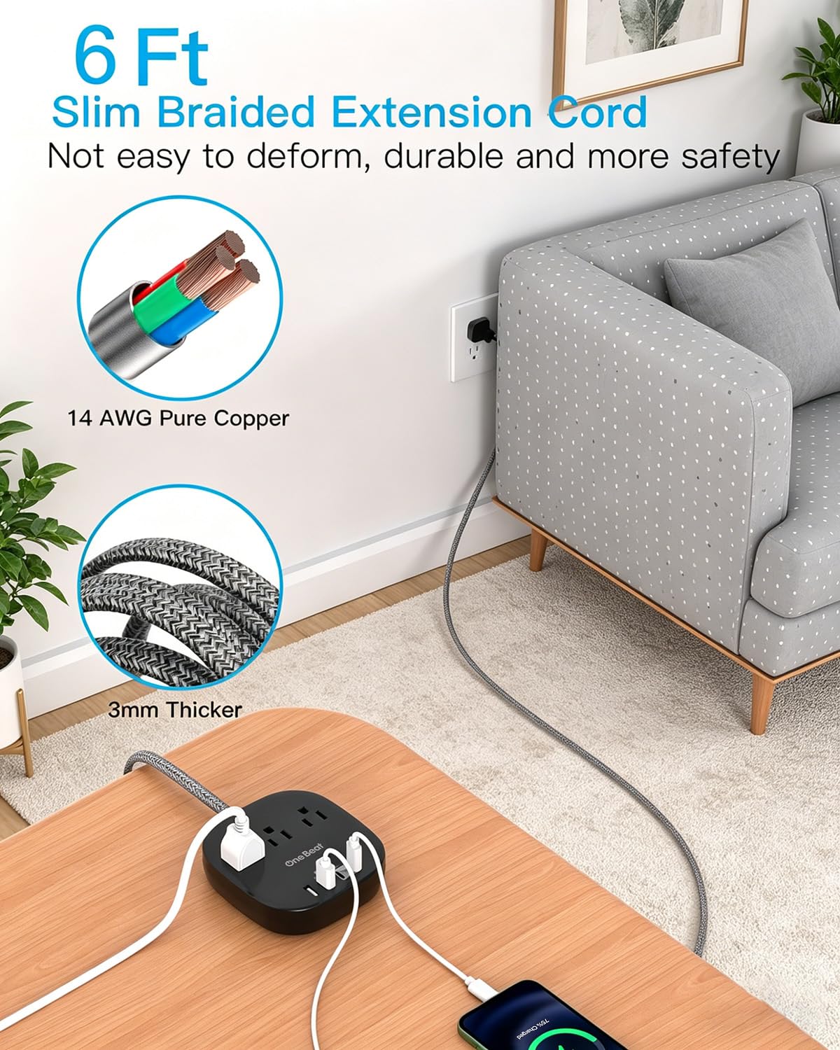 One Beat cruise-strip-flat-plug-6ft-cord enables tidy desk charging.