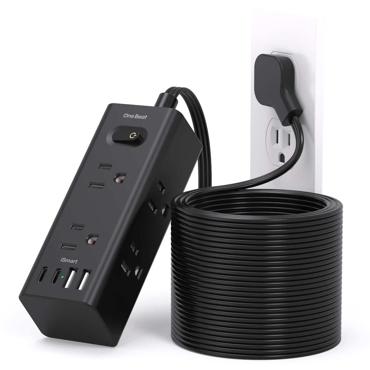 One Beat flat plug front view showing slim profile and space-saving benefit