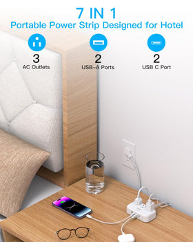 One Beat flat-plug power strip with 45-degree design saves space.