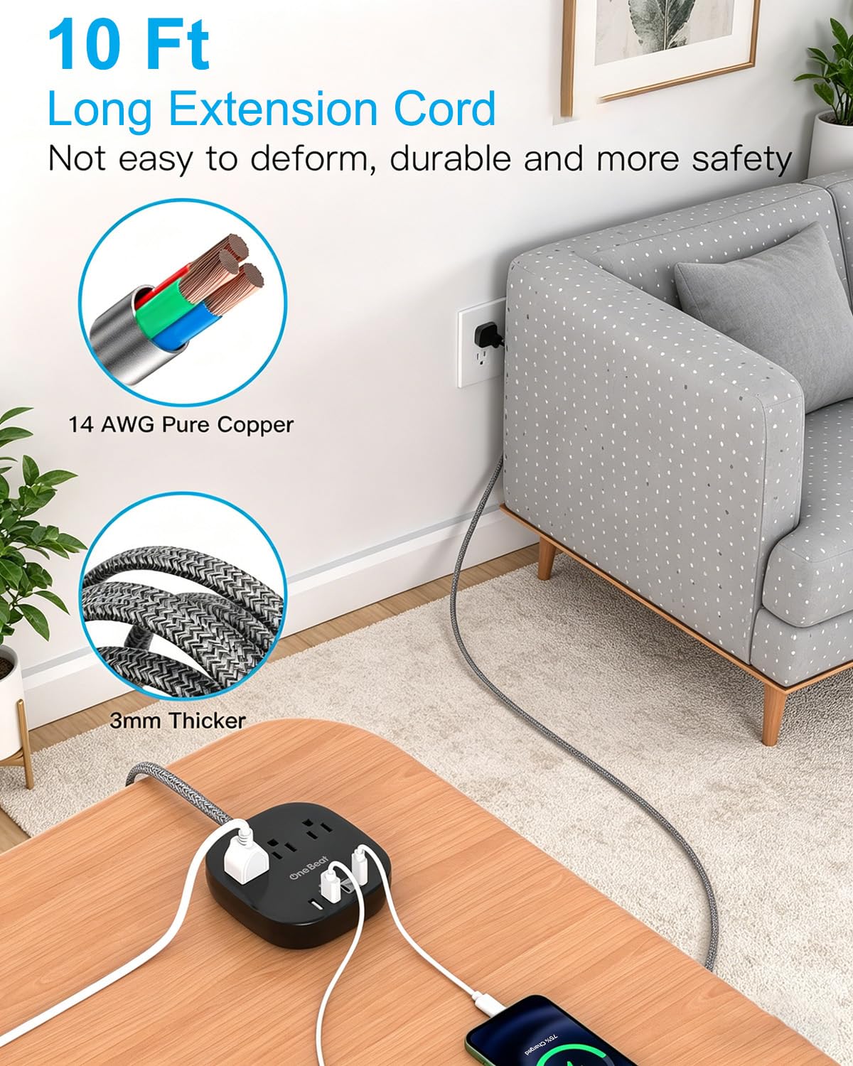 One Beat flat plug power strip fits behind furniture in tight spaces.