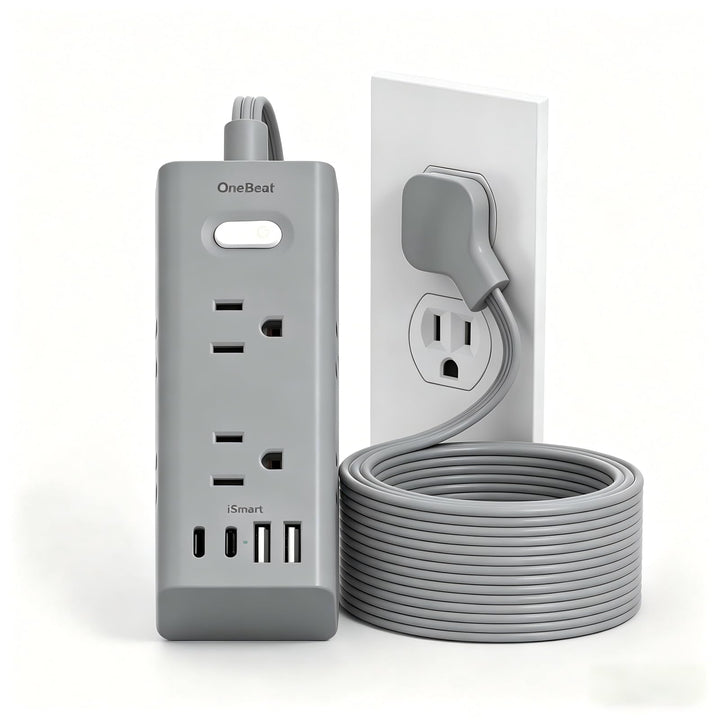 One Beat front view showing flat plug and six outlets for space saving