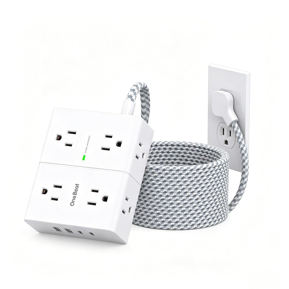 One Beat front view showing 8 outlets and 4 USB ports, neat power organization