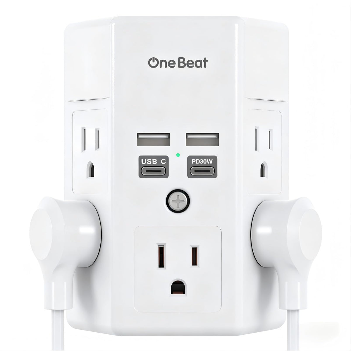 One Beat front view showing five outlets and four USB ports, tidy charging