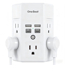One Beat front view showing five outlets and four USB ports, tidy charging