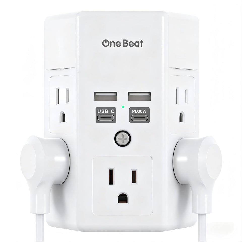 One Beat front view showing five outlets and four USB ports, tidy charging