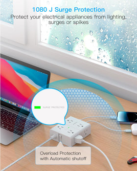 One Beat power strip in a home desk setup powering laptop and accessories