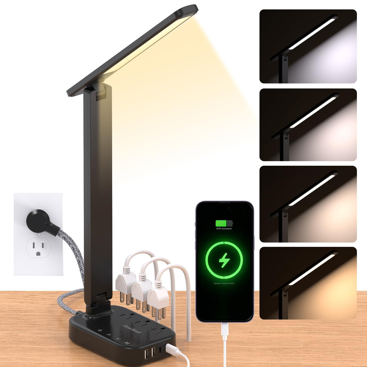 One Beat small LED desk lamp power strip with USB-C charging and outlets for a tidy workstation