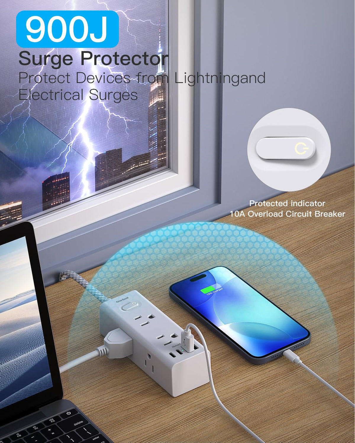 One Beat surge protector with a 45-degree plug to prevent outlet blockage