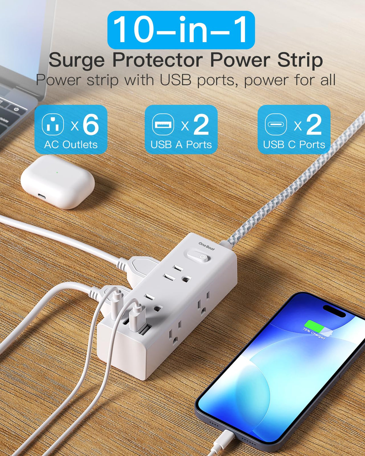 One Beat surge protector showing three-sided design with spaced outlets for large adapters
