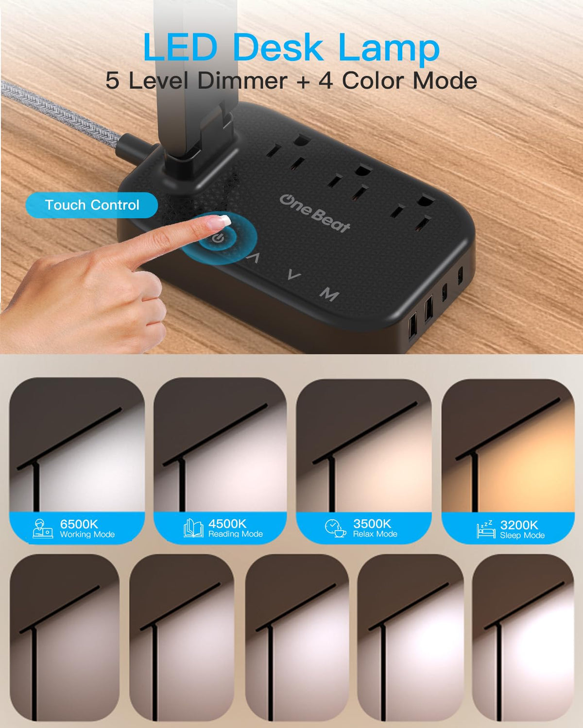 One Beat top view highlighting light modes and touch controls, clear illumination