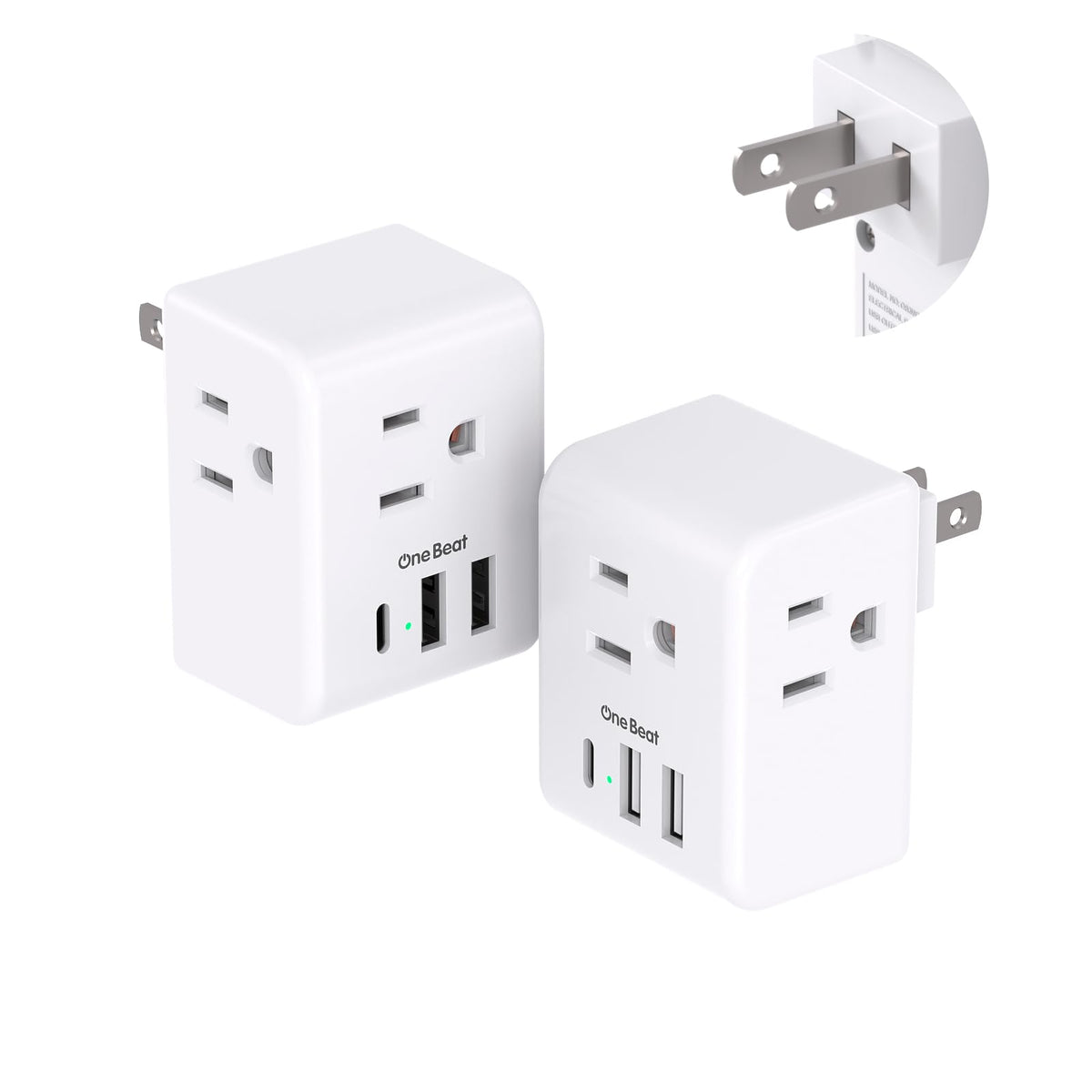One Beat 2-pack plug adapter with multiple outlets for hotel or home use.