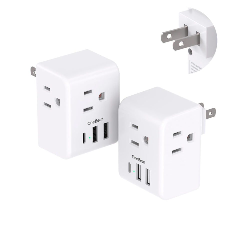 One Beat 2-pack plug adapter with multiple outlets for hotel or home use.
