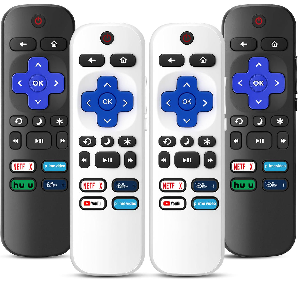 OneBom front view of two black and two white remotes showing pack benefit
