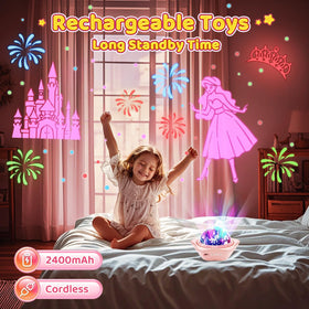One Fire projection casting stars and mermaids on ceiling, soothing bedtime benefit