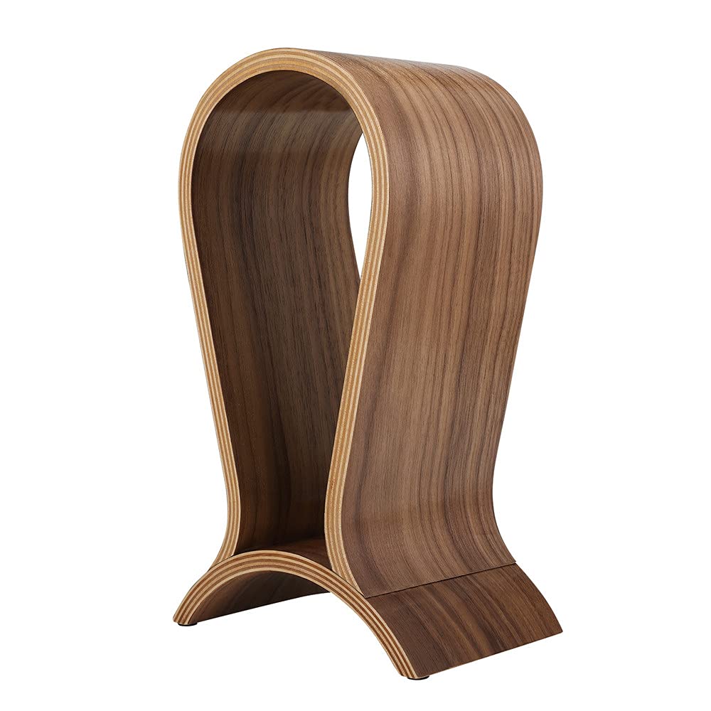 ONEGenug walnut arch bridge headphone stand keeps desk organized and dust-free.
